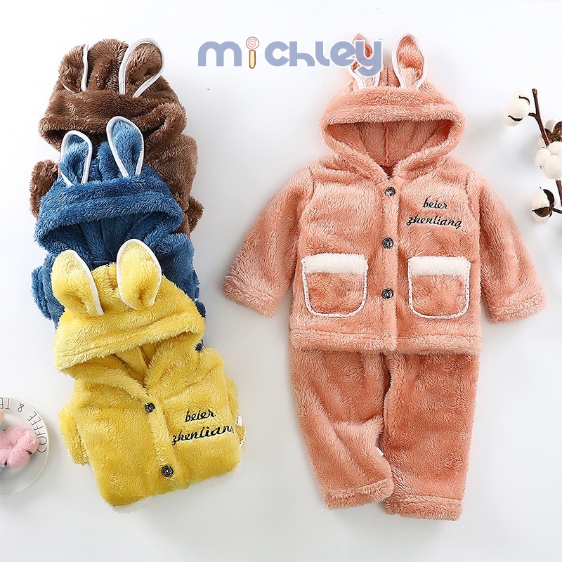 Michley Bộ Đồ Ngủ Thu Đông Có Mũ Trùm Đầu Dày Dặn Ấm Áp Cỡ Nhỏ / Vừa / Lớn Dễ Thương Cho Bé Trai Và Bé Gái
