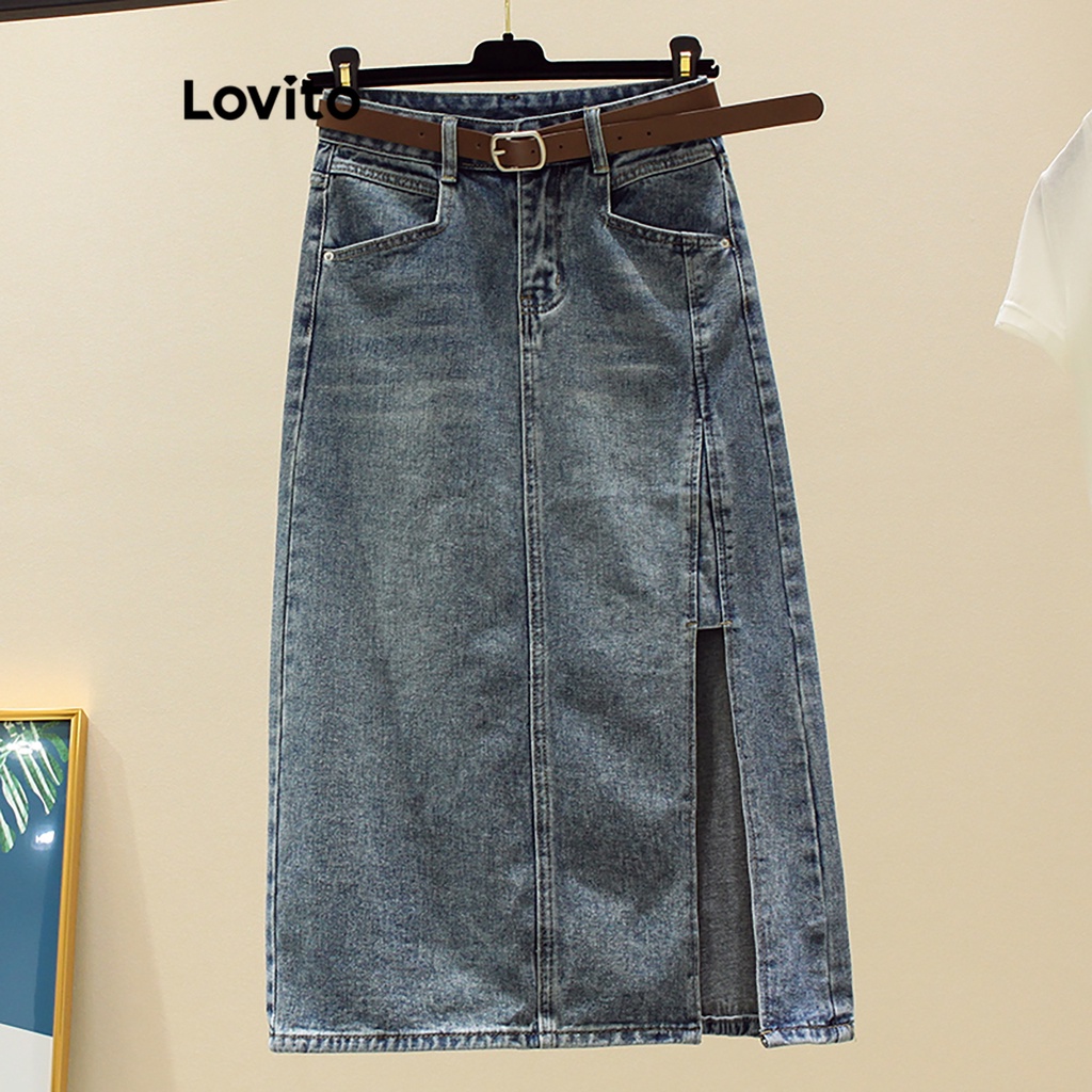 Lovito Váy denim có dây thắt lưng phía trước trơn đơn giản dành cho nữ LNA26239 (Màu xanh da trời)