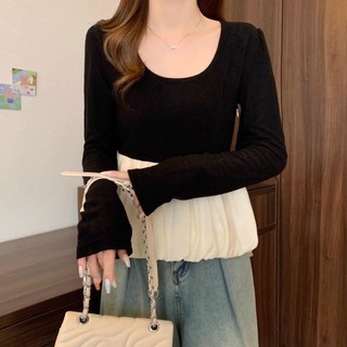 Ielgy Áo thun dài tay phong cách Hàn Quốc cỡ lớn giảm béo và đa năng cổ tròn không lưng