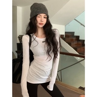 Áo Thun Tay Dài Cổ Tròn Ôm Dáng In Chữ Đơn Giản Thời Trang Phong Cách Hàn Quốc Cho Nữ