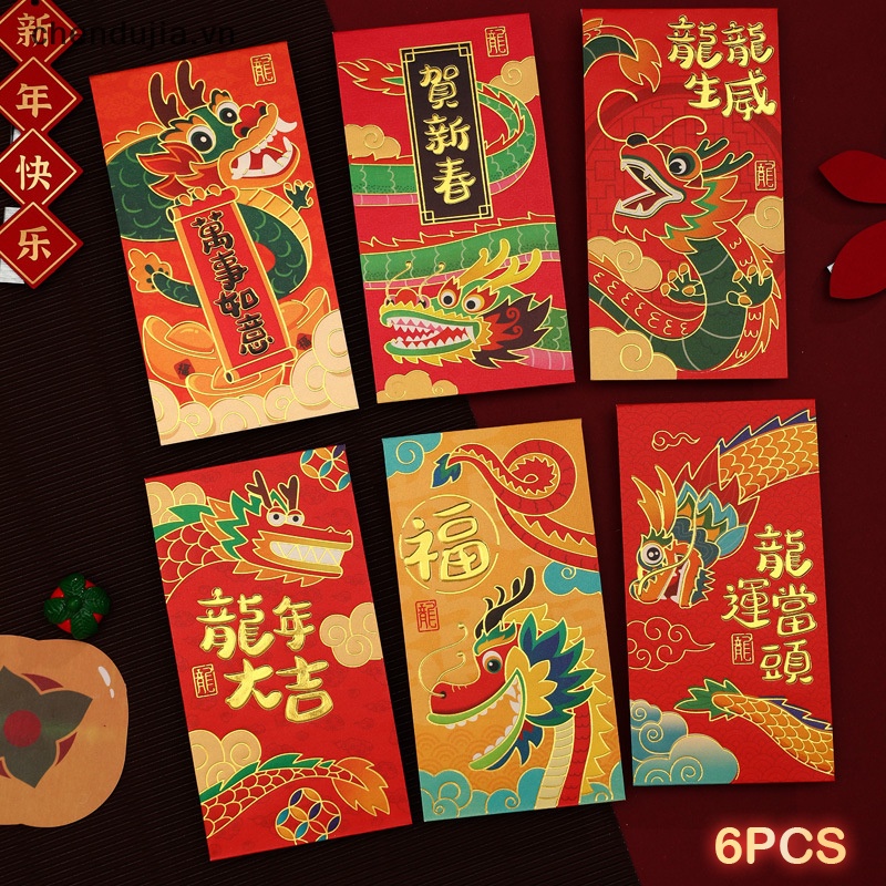 Bộ 6 Bao Lì Xì Năm Mới 2024 Họa Tiết Rồng Đỏ May Mắn diy
