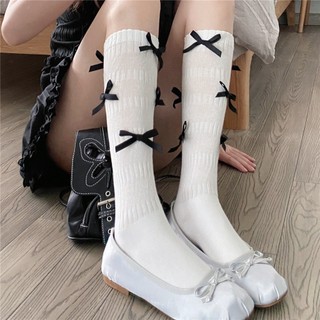 Tất chân đính nơ màu trắng đen xinh xắn thời trang