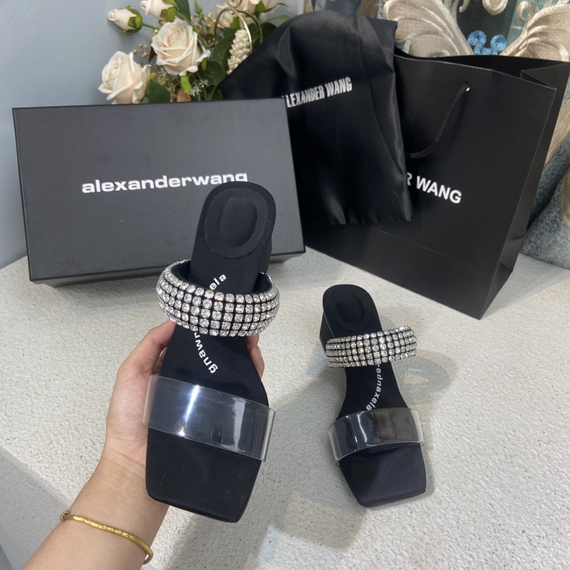 ALEXANDER WANG Dép Cao Gót 5 / 7 / 10cm Mũi Phẳng Màu Đen Thanh Lịch Thoải Mái Hợp Thời Trang