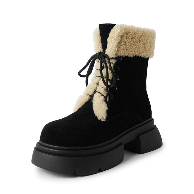 Suding Giày Boot Cao Gót Mũi Tròn Lót Lông Cừu Dày Dặn Thời Trang Thu Đông Phong Cách retro Mới Cho Nữ