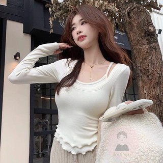 Dre-áo dài tay ôm sát cổ áo sơ mi giả hai lớp viền màu trơn