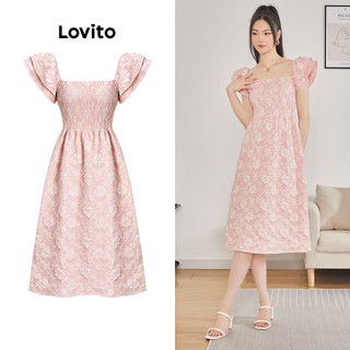 Đầm Lovito xếp nếp dún thun họa tiết hoa thanh lịch cho nữ L62ED173 (Màu hồng nhạt)