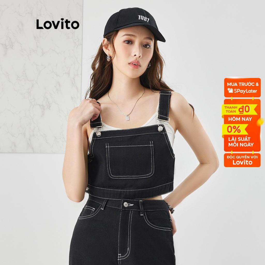 Lovito Phối Màu Tương Phản Thường Ngày Túi Khuy Kim Loại Nữ Phong Cách Retro Áo Denim L36AD040 (Đen)