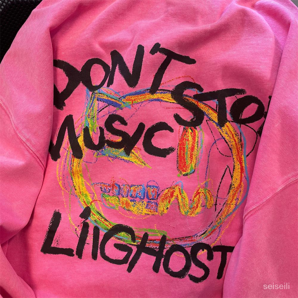 Dragon fruit color European and American Graffiti smiley face letter sweater women's spring and autumn loose national tide oversize off-shoulder top