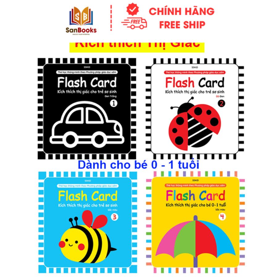 Sách - 80 Thẻ Flash Card KÍCH THÍCH THỊ GIÁC cho trẻ sơ sinh 0-1 Tuổi (4 chủ đề)