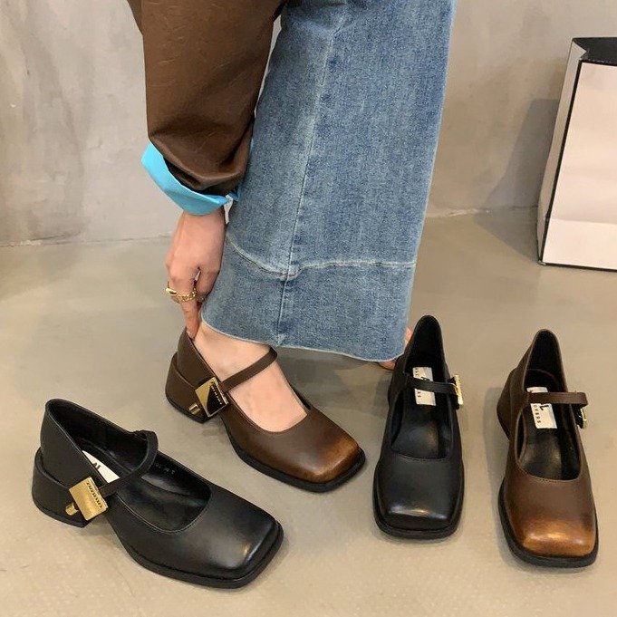 Giày Da pu Gót Thấp Mũi Vuông Phong Cách Anh Quốc Cổ Điển Thời Trang Cho Nữ