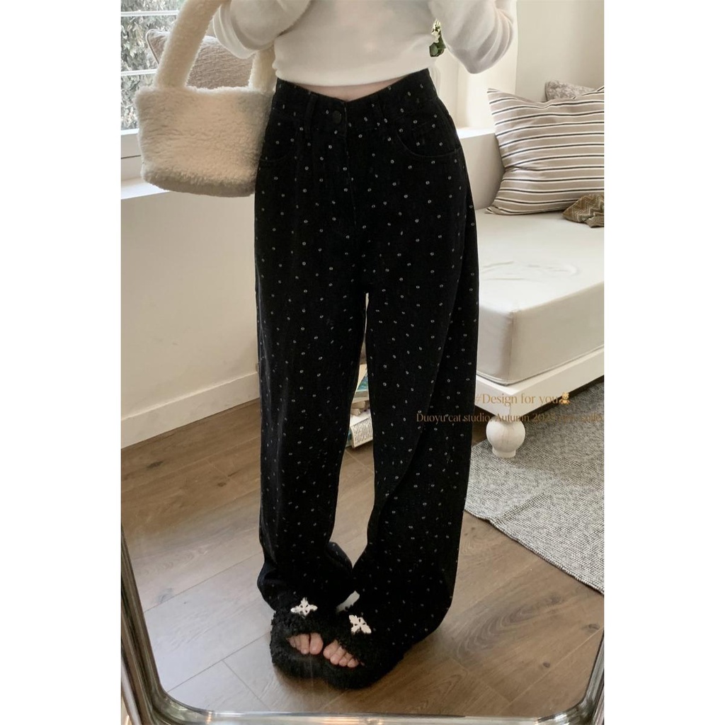 Quần Jean Nữ Ống Rộng Lưng Cao Màu Đen Thời Trang Mùa Đông 2023