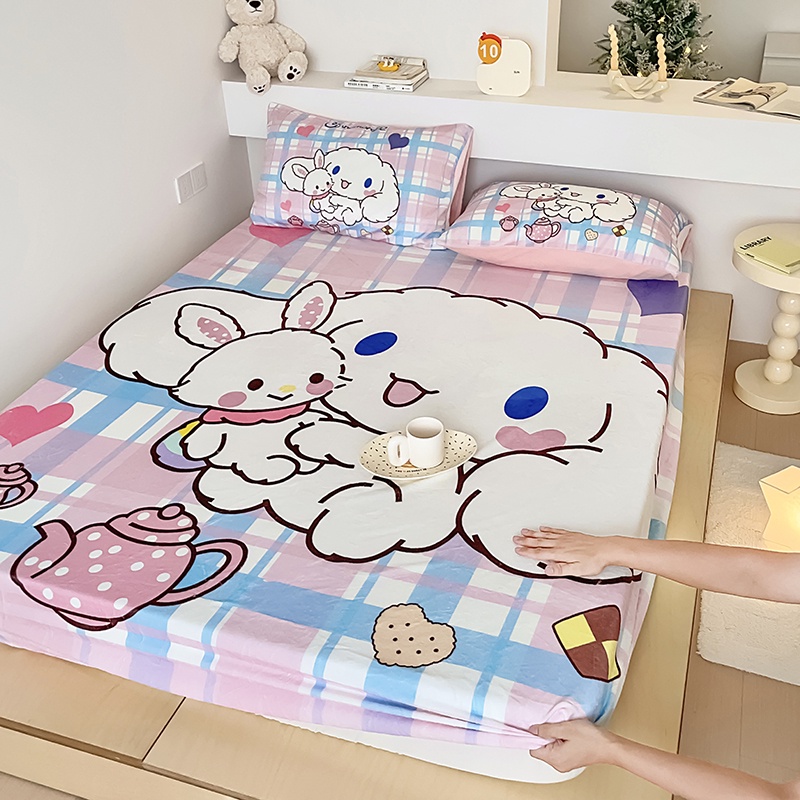 1 Ga Trải Giường Vải Nhung Giữ Ấm 360 Độ In Hoạt Hình kuromi Dễ Thương° Vỏ Bọc Ga Giường Siêu Co Giãn Có Dây Cột Đơn / queen / king