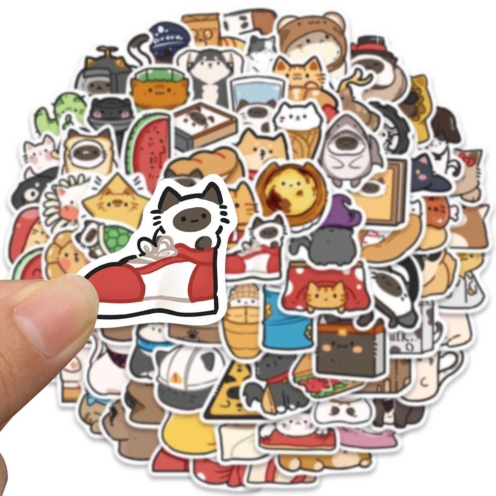 Bộ 80 Miếng Dán Trang Trí Mũ Bảo Hiểm / Bút Chì Chống Thấm Nước Họa Tiết Hoạt Hình Mèo Dễ Thương