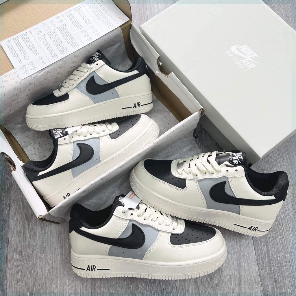 Giày thể thao sneaker af1 vệt đen cream black chuẩn 11, giày air force 1 màu be tích đen nam nữ full