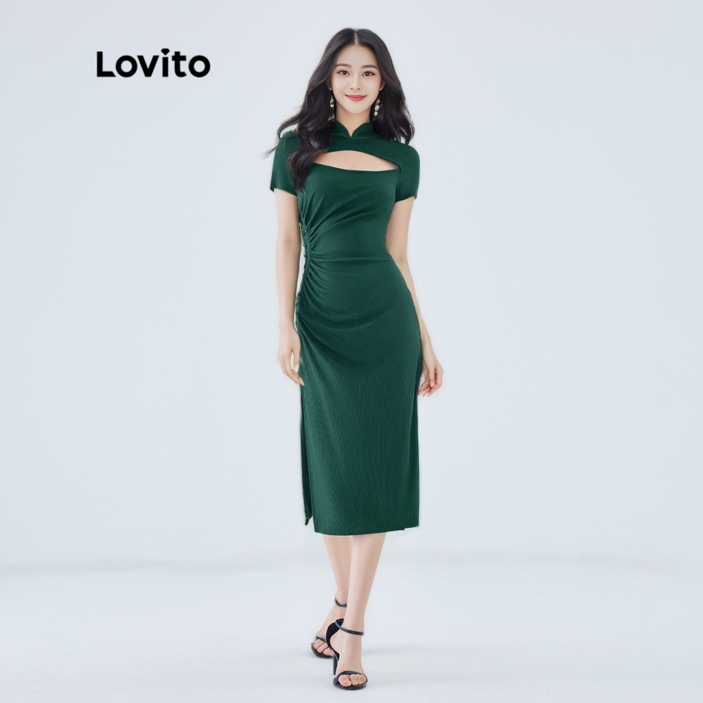 Đầm Lovito phối nút cắt xẻ màu trơn vintage cho nữ L49ED107 (màu xanh lá đậm)