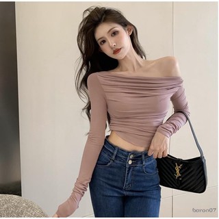 Áo Crop Nữ Tay Dài Cổ Thuyền Màu Trơn Đảng Mùa Xuân Thu Áo Chui Đầu