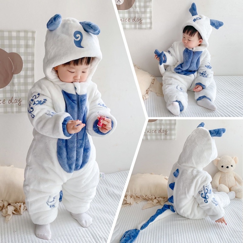 Bộ Áo Liền Quần In Hình Khủng Long Hoạt Hình Dễ Thương Thời Trang Mùa Đông Cho Bé