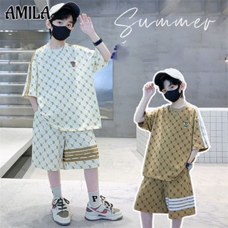 AMILA  Bộ quần short ngắn tay cho trẻ em Cỡ vừa và nhỏ cho bé trai In chữ Cổ tròn thể thao thường ngày Bộ bé trai