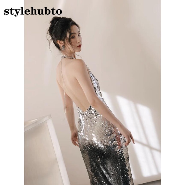 Đầm Dạ Hội Cao Cấp Đính Kim Sa Bạc Lấp Lánh stylehubto 6920