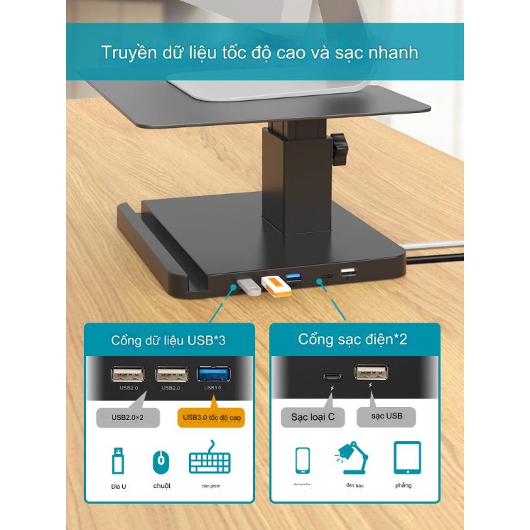Bàn Kê Màn Hình Điều Chỉnh Nâng Hạ Steel Carbon USB Bus