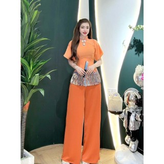 D147.370 set bộ bà ba tay rã cổ tàu nút bướm. chân áo bông, áo lụa manggo quần lụa hồng ngọc
