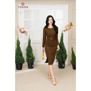 Đầm len nhung nâu dáng ôm nhún eo Toson 41912N83