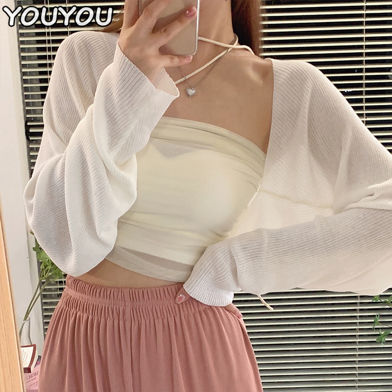 YOUYOU Áo Khoác cardigan Dệt Kim Mỏng Dáng Ngắn Tay Dài Chống Tia UV Thời Trang Cho Nữ