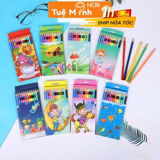 Bộ 12 bút chì màu, màu tô thân gỗ nhiều màu sắc, hộp màu thân gỗ