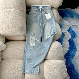 THE Spring Summer High-End Women's Light Blue Ripped High-Waisted Wide-Leg Straight Jeans