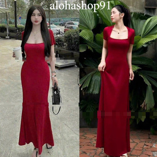 Đầm thun body ngắn tay cổ vuông siêu tôn dáng 🍇🍇GG Đầm Cổ Vuông Dáng Dài Ôm Body Hách Dáng Chất Thun Gân Dày alohashop91