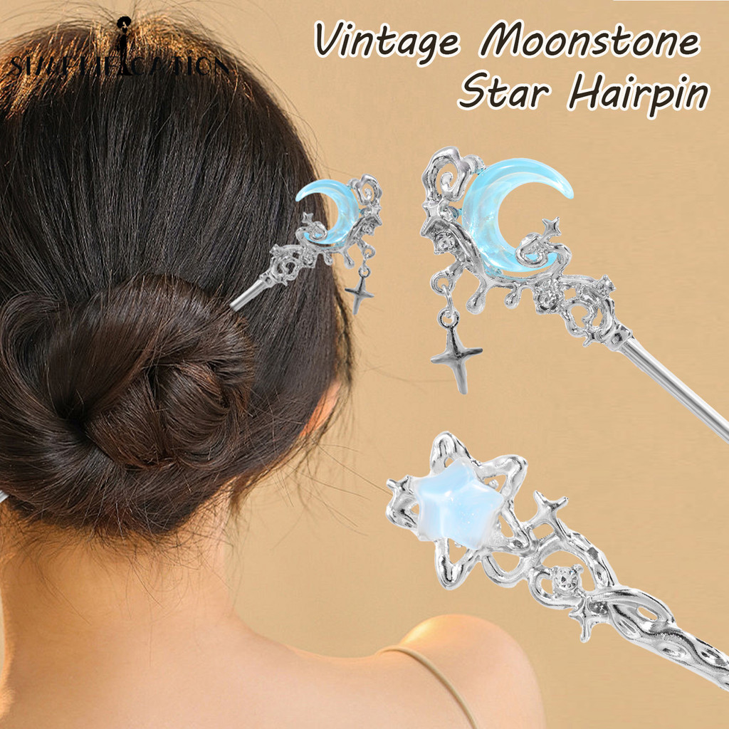 Vintage Moonstone Star Moon Moon Moon Hair Stick - Nữ Phong Cách Trung Hoa Cross Tua Rua Hair Stick 