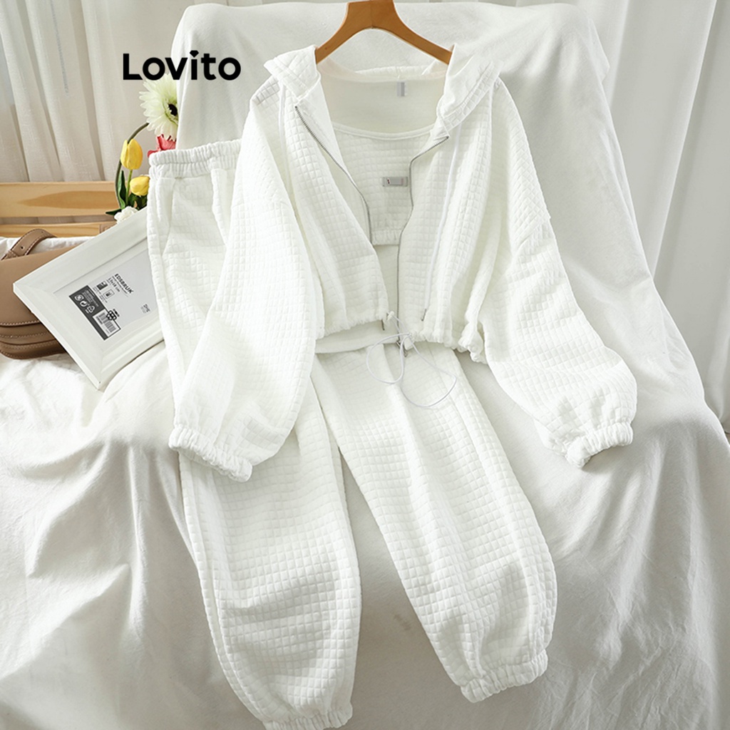 Set quần Lovito cơ bản phối khóa kéo màu trơn thường ngày cho nữ LNE21206 (Màu trắng)