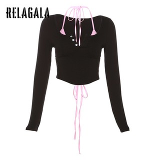 RelaGala Nữ Thời Trang Mới Màu Phối Cảnh Cổ Trong Sling Đa Năng Hai Mảnh Áo Thun