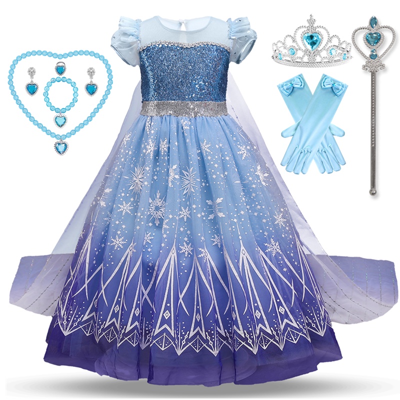Đầm Hóa Trang Công Chúa elsa Phối Áo Choàng Đính Kim Sa Lấp Lánh Cho Bé Gái 3-10 Tuổi