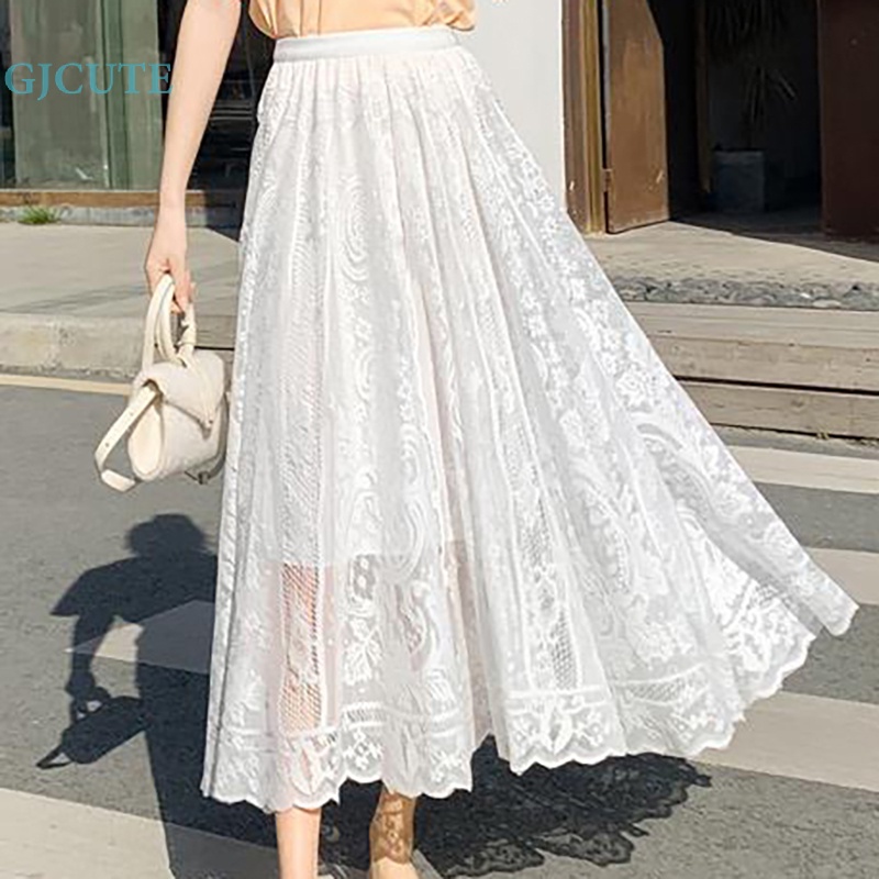 Chân Váy Xòe Dài Trung Bình Phối Ren Rỗng Thời Trang Cho Nữ Wd