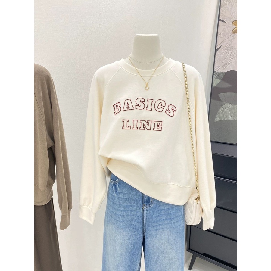 Thu Đông 2023 Phong Cách Hàn Quốc Thêu Chữ Dài Tay Áo Nữ Đơn Giản Rời Kích Thước Lớn Cổ Tròn Hàng Đầu