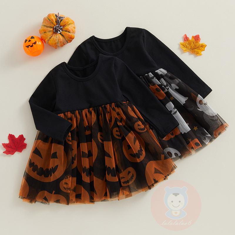 Đầm Xòe Chữ a Tay Dài Cổ Tròn In Hình Bí Ngô / Ma halloween laa6 Cho Bé Gái