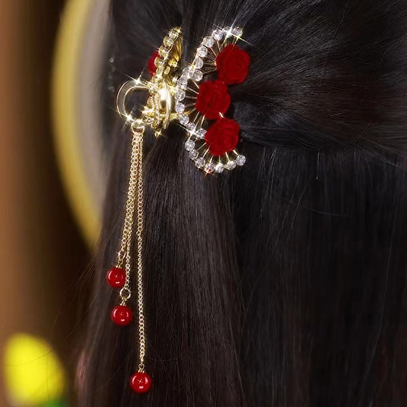 Kẹp Tóc Tua Rua Đính Hoa Hồng Đỏ Phong Cách retro Cao Cấp