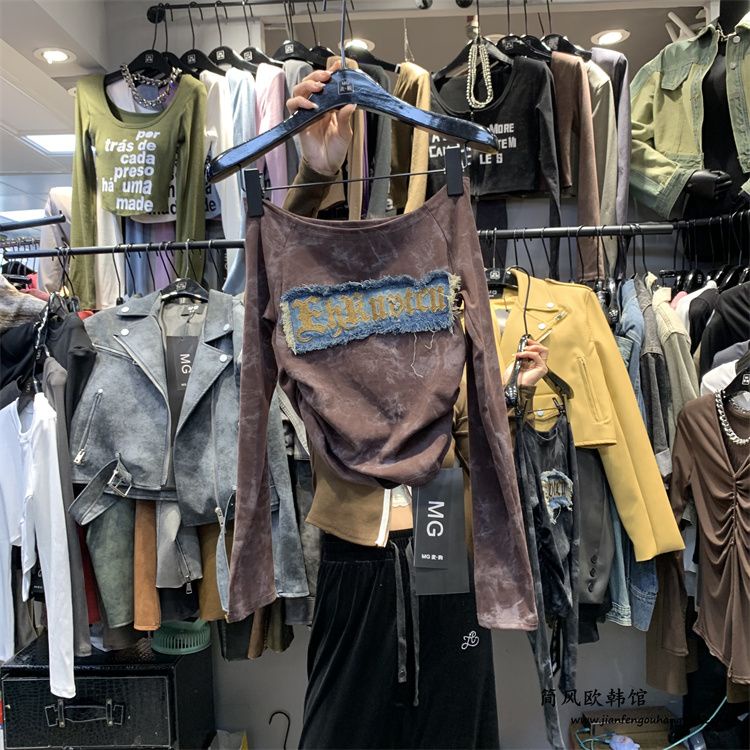 Áo Thun denim Thêu Chữ Thời Trang Mùa Thu Hàn Quốc 2023 Dành Cho Nữ