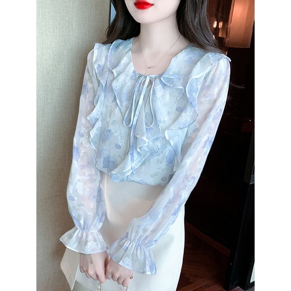 Áo Sơ Mi chiffon Tay Dài Phối Bèo In Họa Tiết Hoa Thời Trang Mùa Thu 2023 Phong Cách Mới Cho Nữ