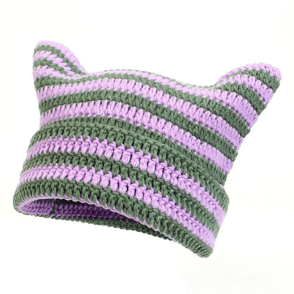 Muvako Mũ Len beanie Nhật Bản Kẻ Sọc Ngang Đính Tai Mèo Dễ Thương Phong Cách gothic punk Giữ Ấm Đơn Giản y2k unisex
