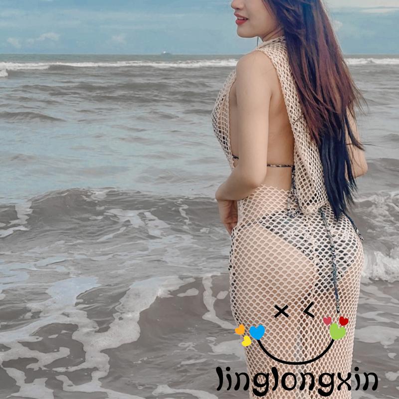 Linglongxi2-đầm Lưới Rỗng Xuyên Thấu Có Mũ Trùm Đầu Đi Biển Mùa Hè Cho Nữ