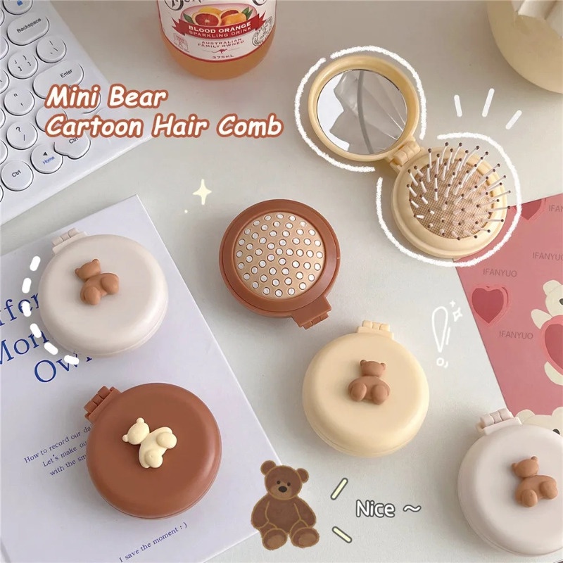 Lược Chải Tóc mini Hình Tròn Chống Tĩnh Điện Có Gương Soi Hình Gấu Hoạt Hình Dễ Thương
