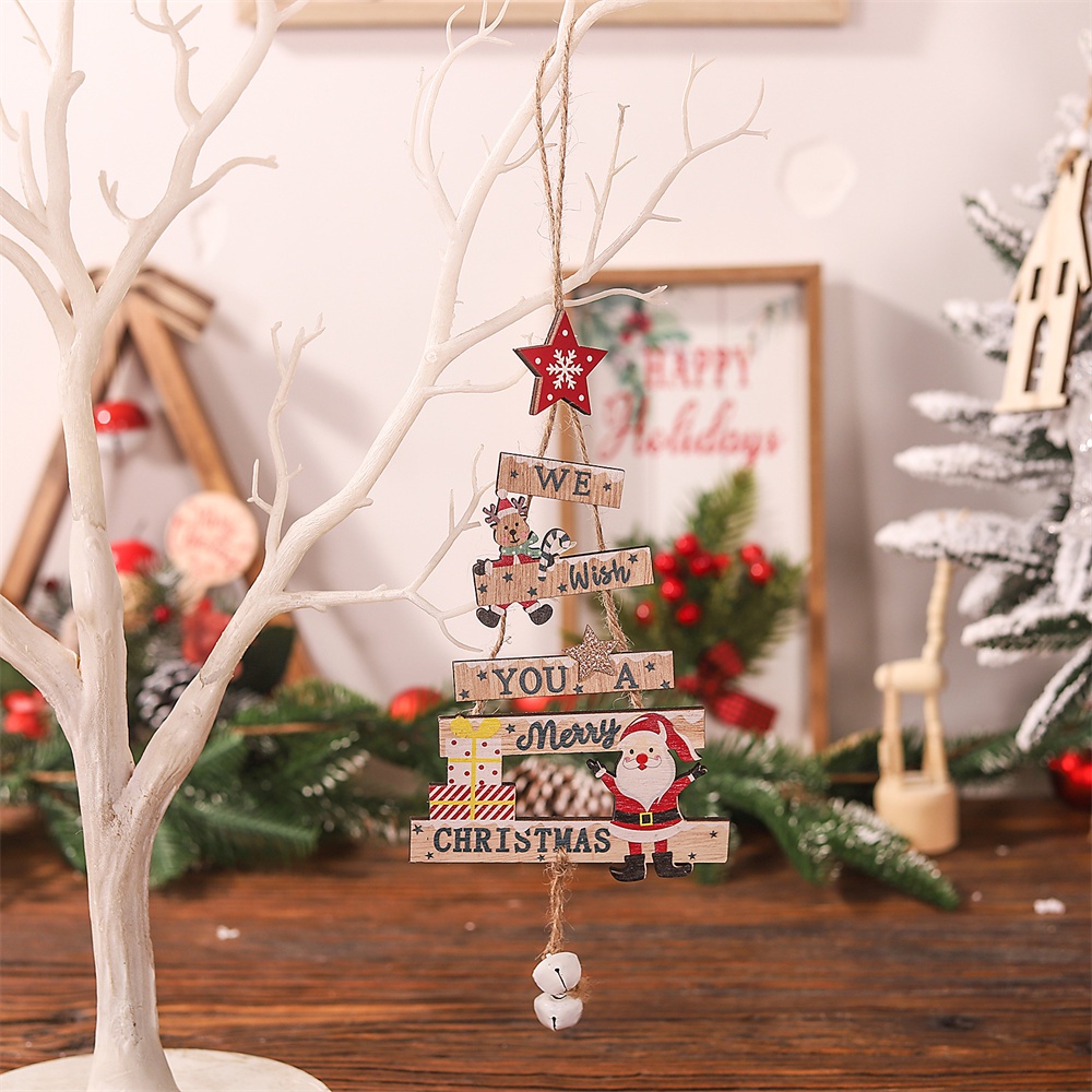 Phim hoạt hình Cây thông Noel bằng gỗ Thương hiệu gỗ Mặt dây chuyền Ông già Noel bằng gỗ Treo trang trí Cảnh ăn mặc