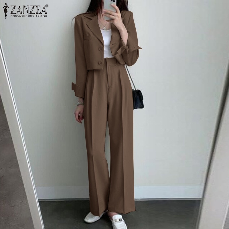 Zanzea Bộ Áo Tay Dài Có Khóa Kéo Trước Phối Quần Dài Xếp Ly Thời Trang Hàn Quốc Xinh Xắn Cho Nữ