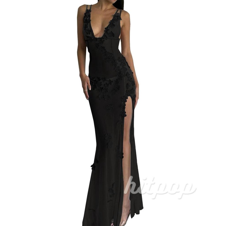 Đầm Dài Không Tay Cổ Chữ v Phối Lưới Xuyên Thấu Họa Tiết Hoa Thời Trang Mùa Hè Cho Nữ