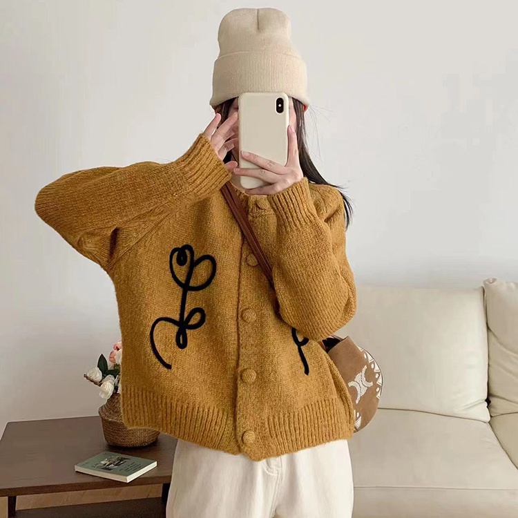 Áo Khoác cardigan Dệt Kim Thêu Hoa Phối Hàng Nút Phong Cách Hàn Quốc