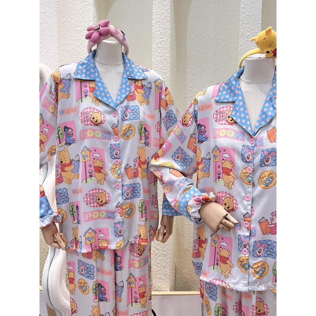 Bộ Pijama Monybear quần dài , áo tay dài in hình Pooh cute khung caro kèm cột tóc - HN1619