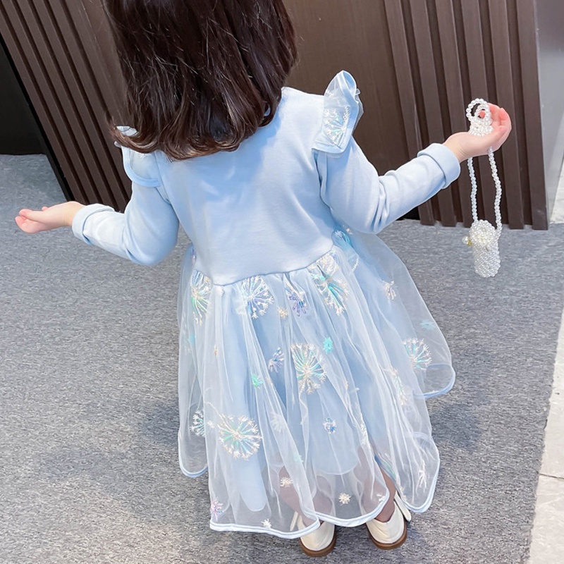 Đầm Công Chúa elsa Thêu Ren Tay Phồng Thời Trang Cho Bé Gái 2-9 Tuổi