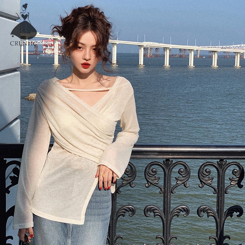 Áo Thun Tay Dài Cổ Chữ v Màu Trơn Thời Trang vintage Dành Cho Nữ vn